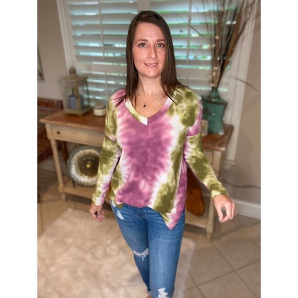 Tie Dye Drop Shoulder Long Sleeve V-Neck Split Side Multi 4520 - Picture 1 of 7